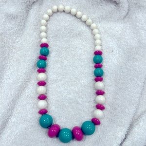 Vintage 80s Necklace with Teal, White and Pink Plastic Beads